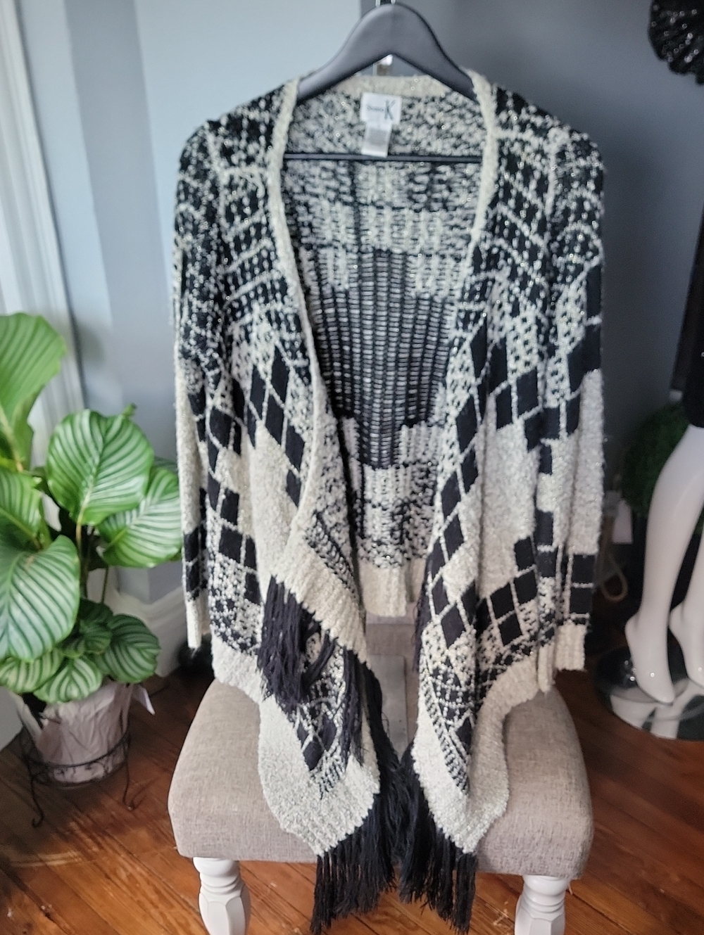 K by Knockout Black & Cream Knit Fringe Open Cardigan